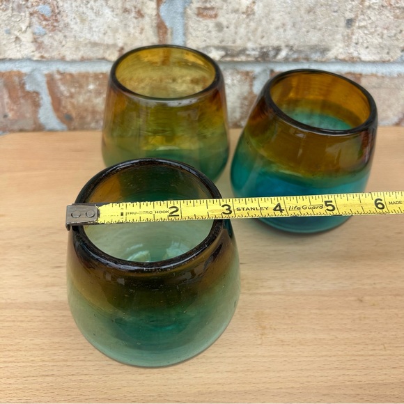 3 Stemless Hand Blown Art Recycled Glass Amber Sea Blue Thick Drinking Glasses - Picture 10 of 12